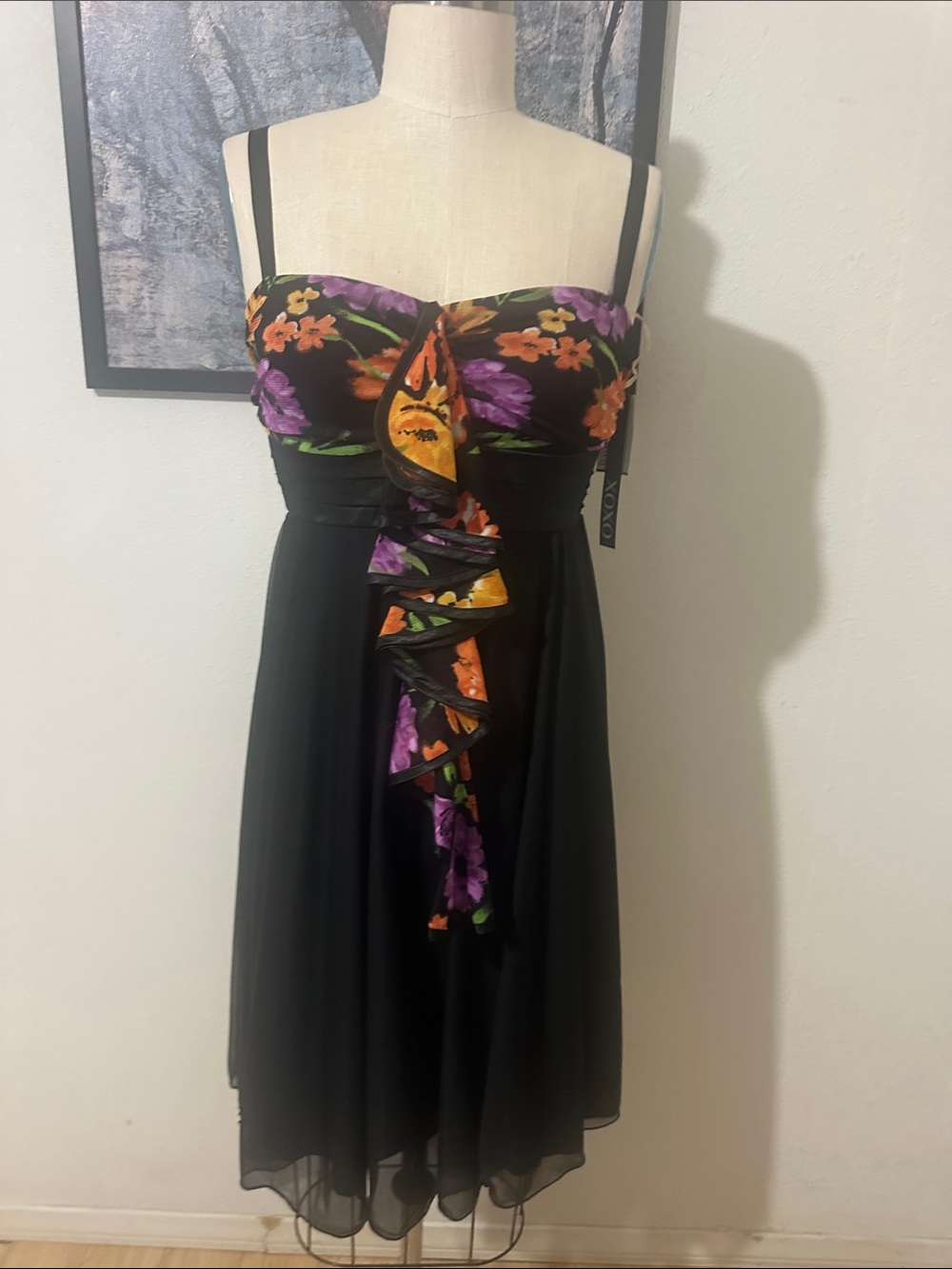 XOXO Black Strapless Dress with Purple and Orange Floral Accents